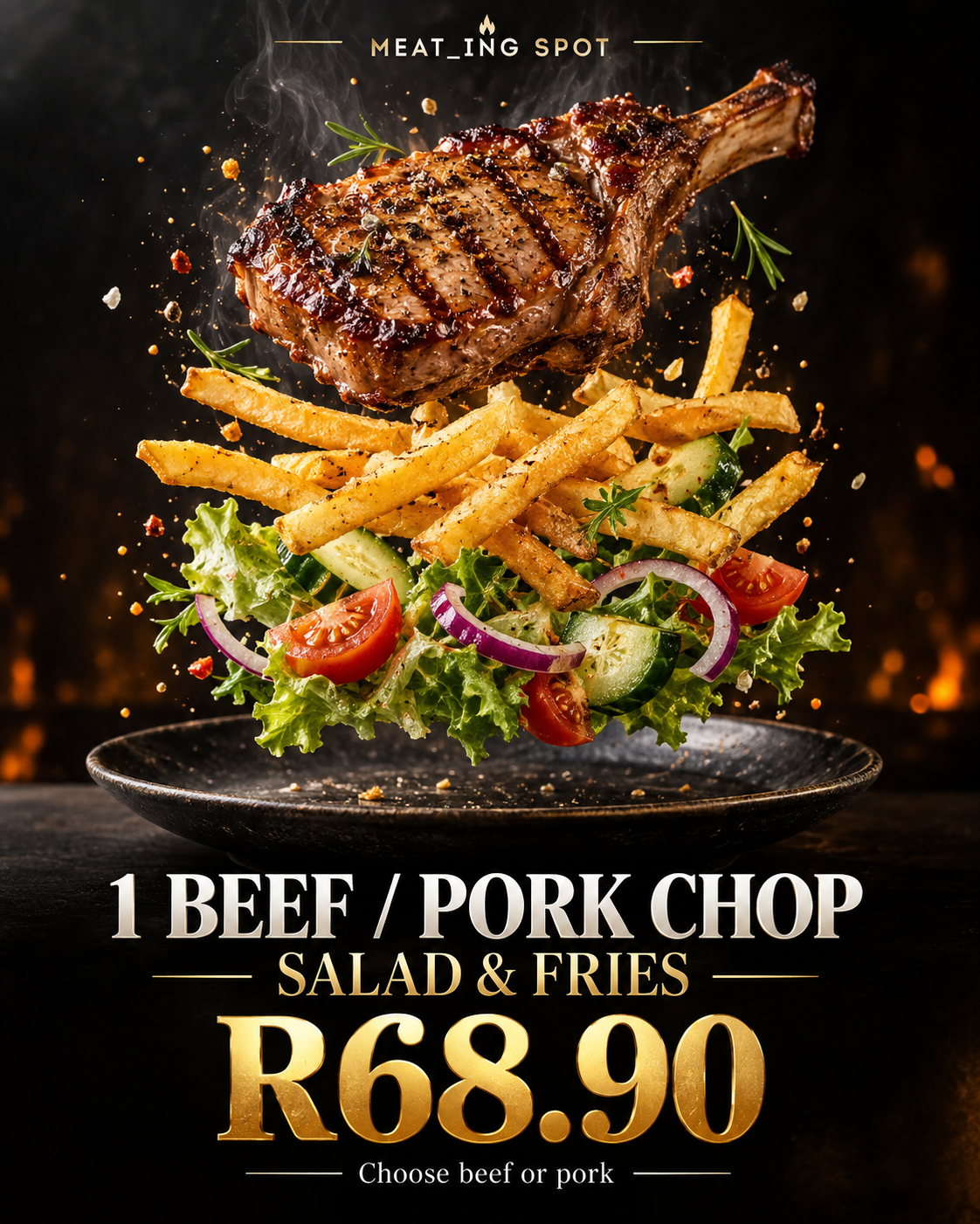 Meating Spot Take Out: Beef chop, salad and fries — 1 beef chop with salad and fries