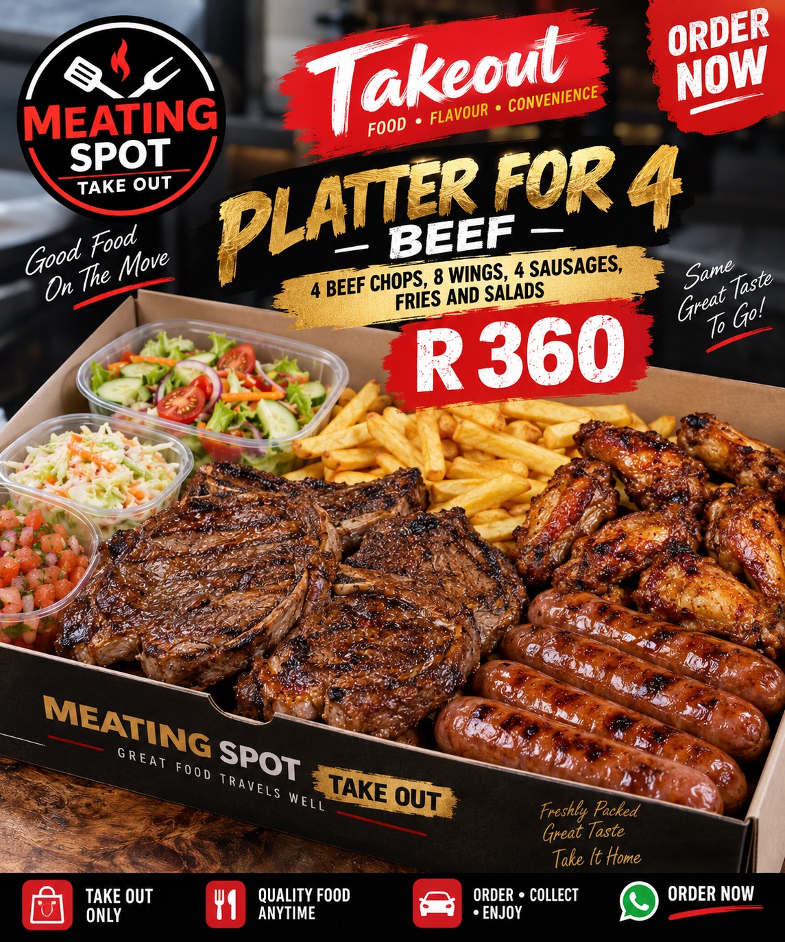 Meating Spot Take Out: Platter for 4 — Beef — 4 beef chops, 8 wings, 4 sausages, fries and salads