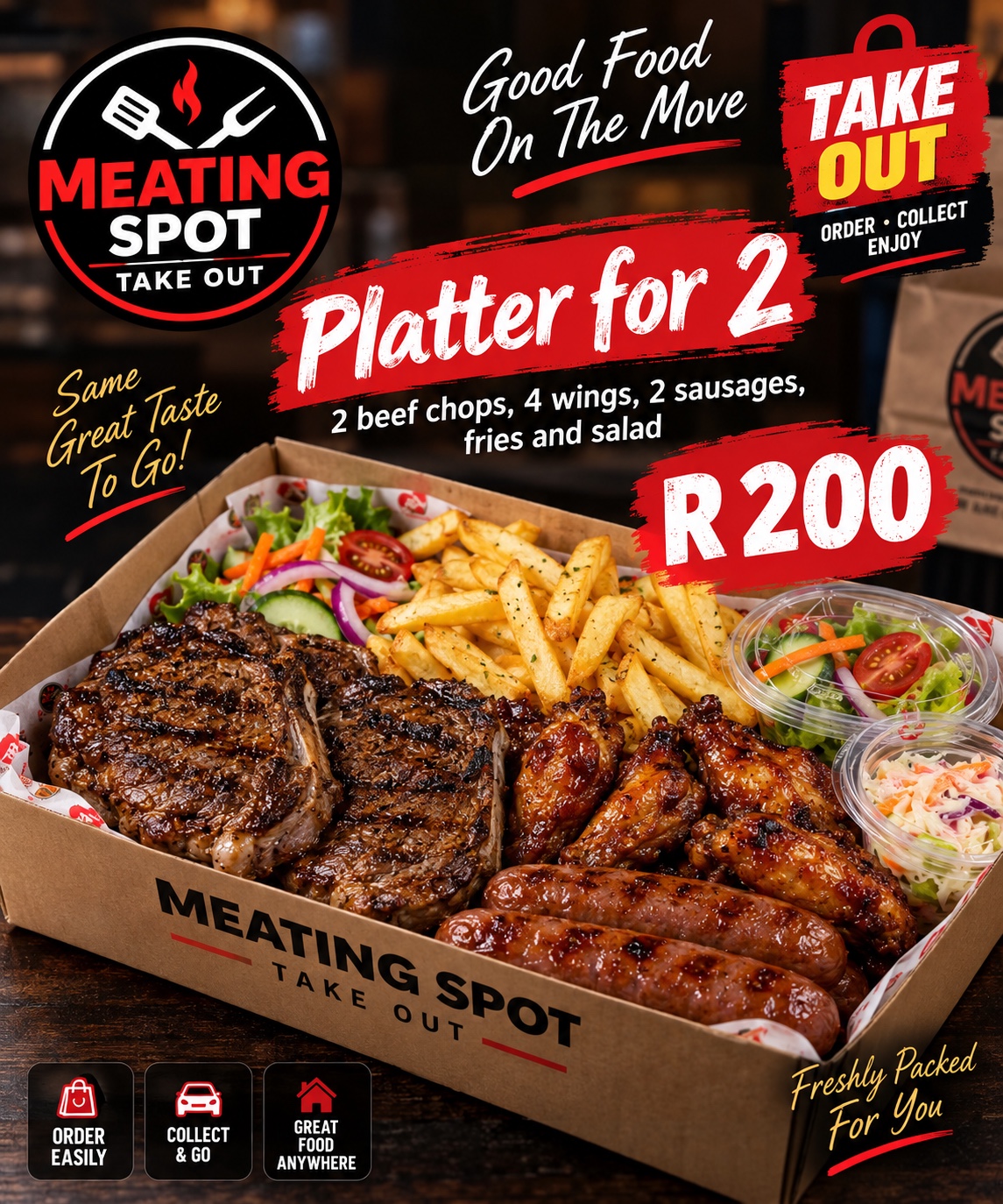 Meating Spot Take Out: Platter for 2 — 2 beef chops, 4 wings, 2 sausages, fries and salad